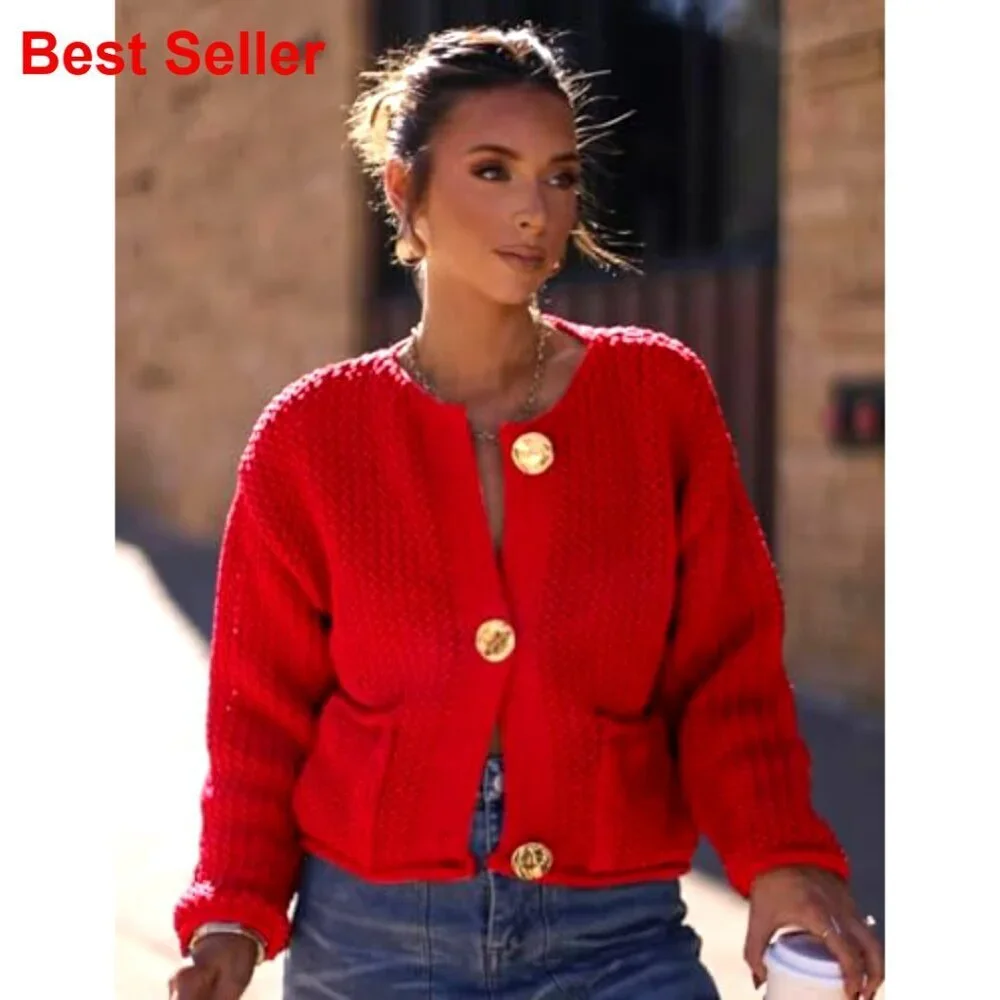 Cropped Cardigan Sweater Chunky Knit Open Front Long Sleeve Gold Buttons
